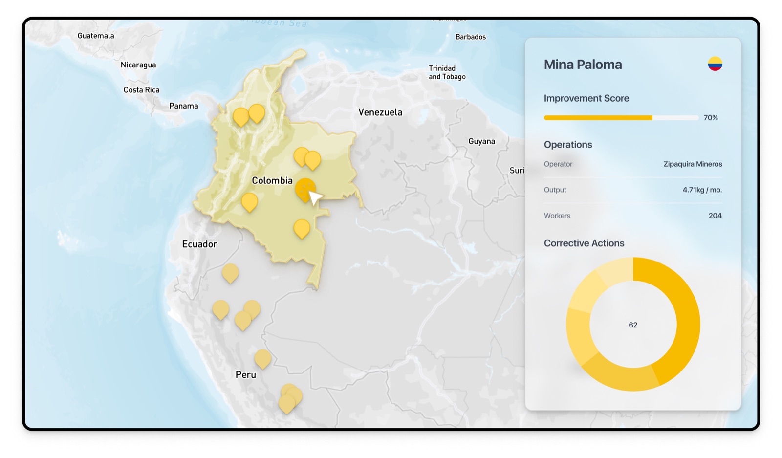 The SBG application: programme map with mine locations, and a mine record showing improvement score and corrective actions